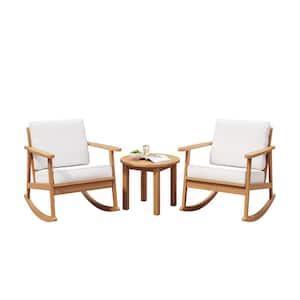 Dockside 3-Piece Eucalyptus Wood Patio Rocking Chair Conversation Set with Beige Cushions