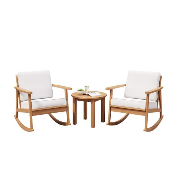 Royal Garden Dockside 3-Piece Eucalyptus Wood Patio Rocking Chair Conversation Set with Beige Cushions