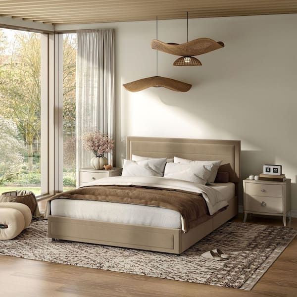 Furniture of America Kieranne Light Brown Upholstered Metal Frame Queen Platform Bed With 4-Side Drawers
