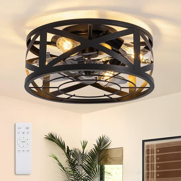 16 in. Indoor Small Flush Mount Ceiling Fan with Light and Remote Control Black Modern Metal Drum Caged Fandelier