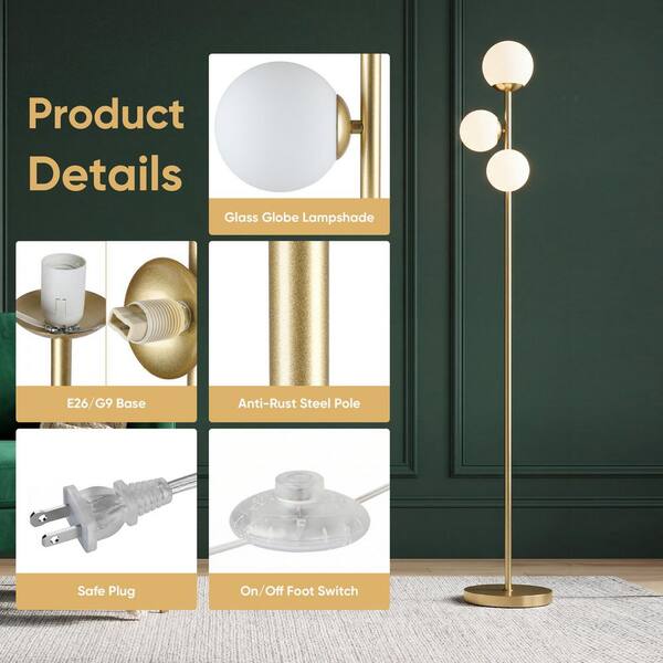 ROTTOGOON 65.7 in. Gold Modern Globe 3-Light Tree Floor Lamp with