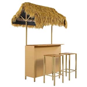 Hawaiian-Theme Wicker Outdoor Bar Height Patio Set with PE Grass Canopy Outdoor Bar Table and Stools Acacia Wood Top
