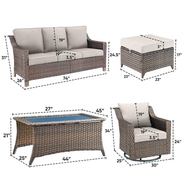 Skinny Guy Series 6-Piece Brown Wicker Outdoor Patio Conversation Corner Sofa Set with Cushion Guard Beige Cushions