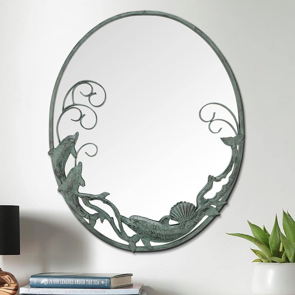 Verdigris Coastal Charm Oval Wall Mirror with Dolphin Accents