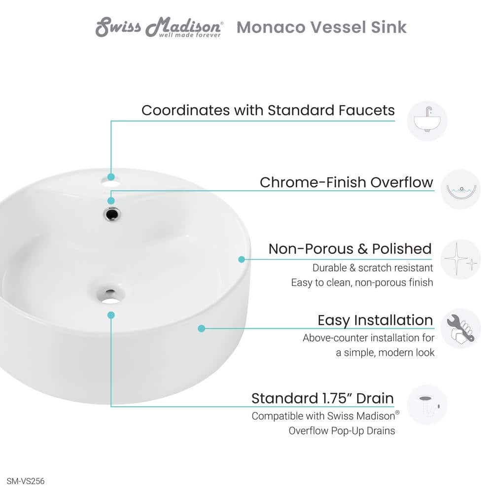 Monaco White Ceramic Round Vessel Sink with Faucet Mount