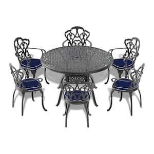 7-Piece Black Cast Aluminum Outdoor Dining Set, Patio Furniture with 47.24 in. Round Table and Random Color Cushions