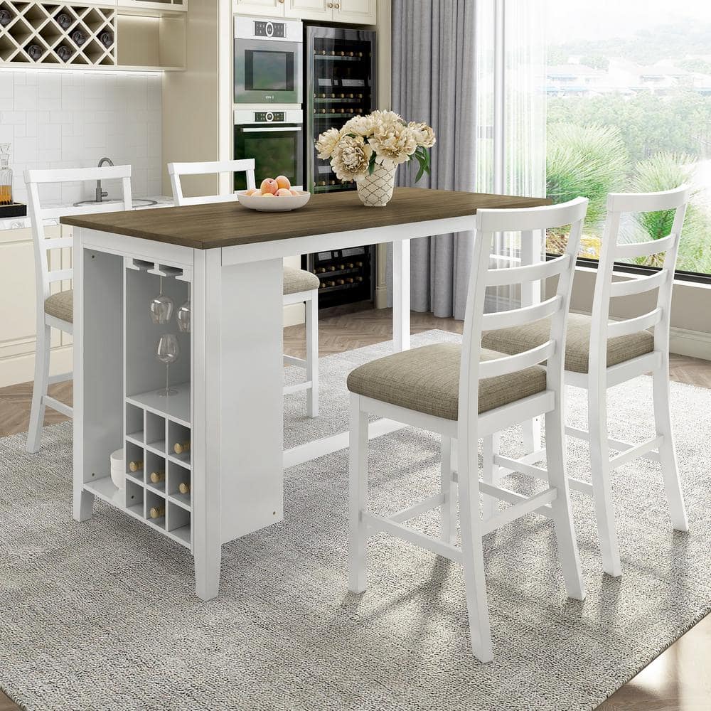 5-Piece Rectangle Brown and White Wash MDF Top Counter Height Dining Table Set Seats 4 with 4 Chairs, Wine Compartment -  Harper & Bright Designs, XW137AAD