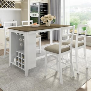 5-Piece Rectangle Brown and White Wash MDF Top Counter Height Dining Table Set Seats 4 with 4 Chairs, Wine Compartment