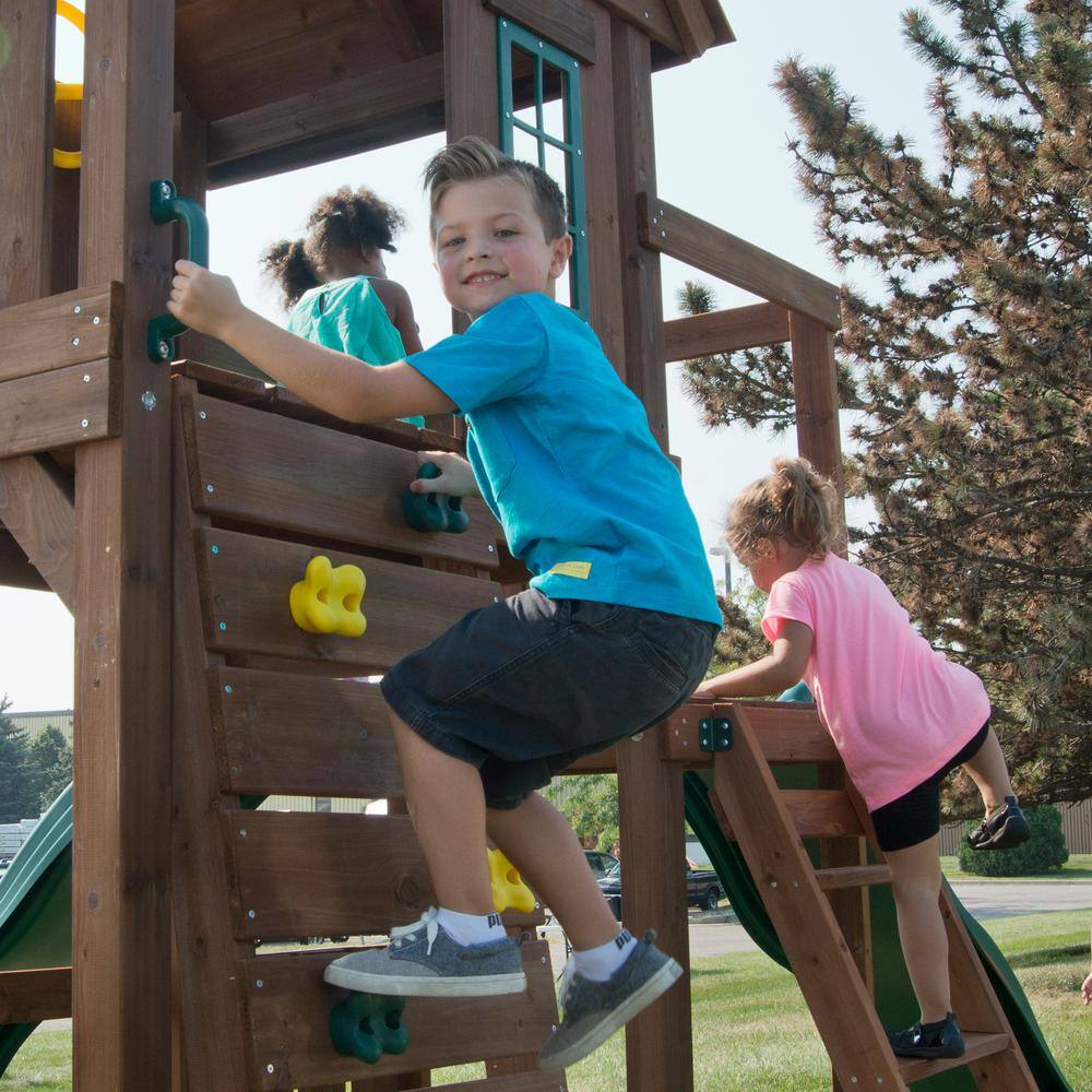 Monteagle Wooden Outdoor Swing Set with Wave Slides and Swings