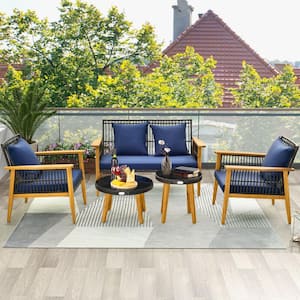 5-Piece Wicker Acacia Wood Patio Conversation Set with 2 Coffee Tables for Backyard Poolside, Navy Cushions