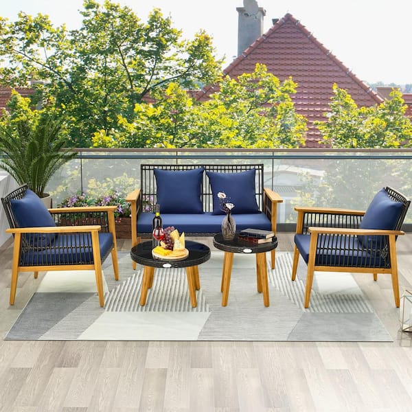 ANGELES HOME 5-Piece Wicker Acacia Wood Patio Conversation Set with 2 Coffee Tables for Backyard Poolside, Navy Cushions