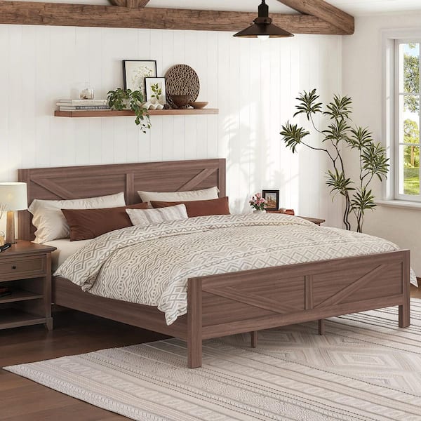 Brown Engineered Wood Frame King Size Platform Bed with Headboard, Footboard, and Under Bed Storage