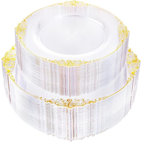 Clear Gold-Rim Disposable Dinner and Dessert Plates Heavy-Duty Food-Grade BPA-Free Wedding (Set of 102)