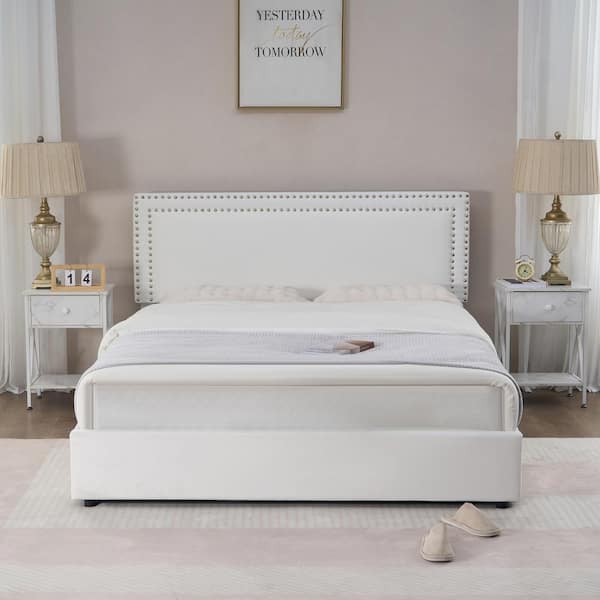 Platform Bed Frame White Metal Frame Queen Size Platform Bed with 4-Storage Drawers, Upholstered Bed with Headboard