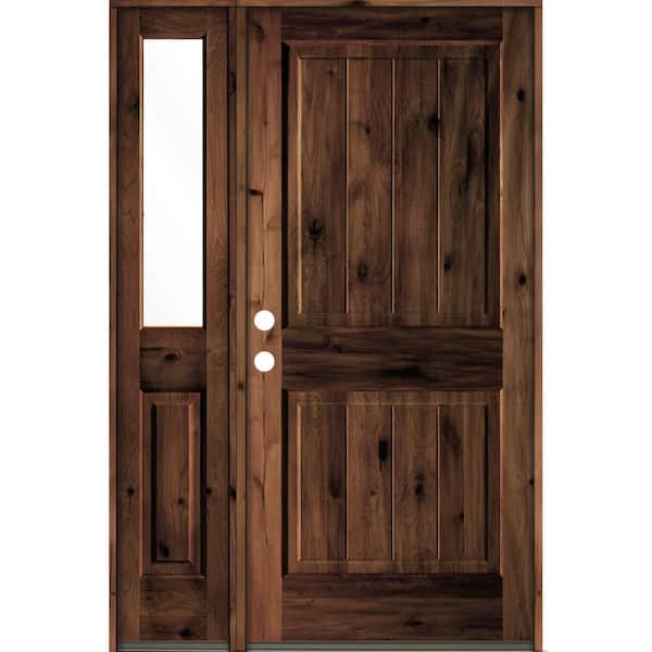 Krosswood Doors 56 in. x 80 in. Rustic Knotty Alder Right-Hand/Inswing Clear Glass Red Mahogany Stain Wood Prehung Front Door w/Sidelite