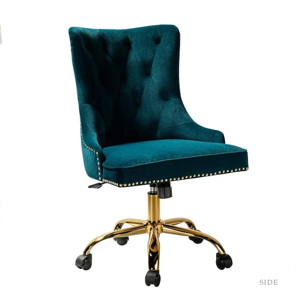 JAYDEN CREATION Adelina Teal Height Adjustable Swivel Tufted Armless Task Chair with Nailhead Trim and Metal Base