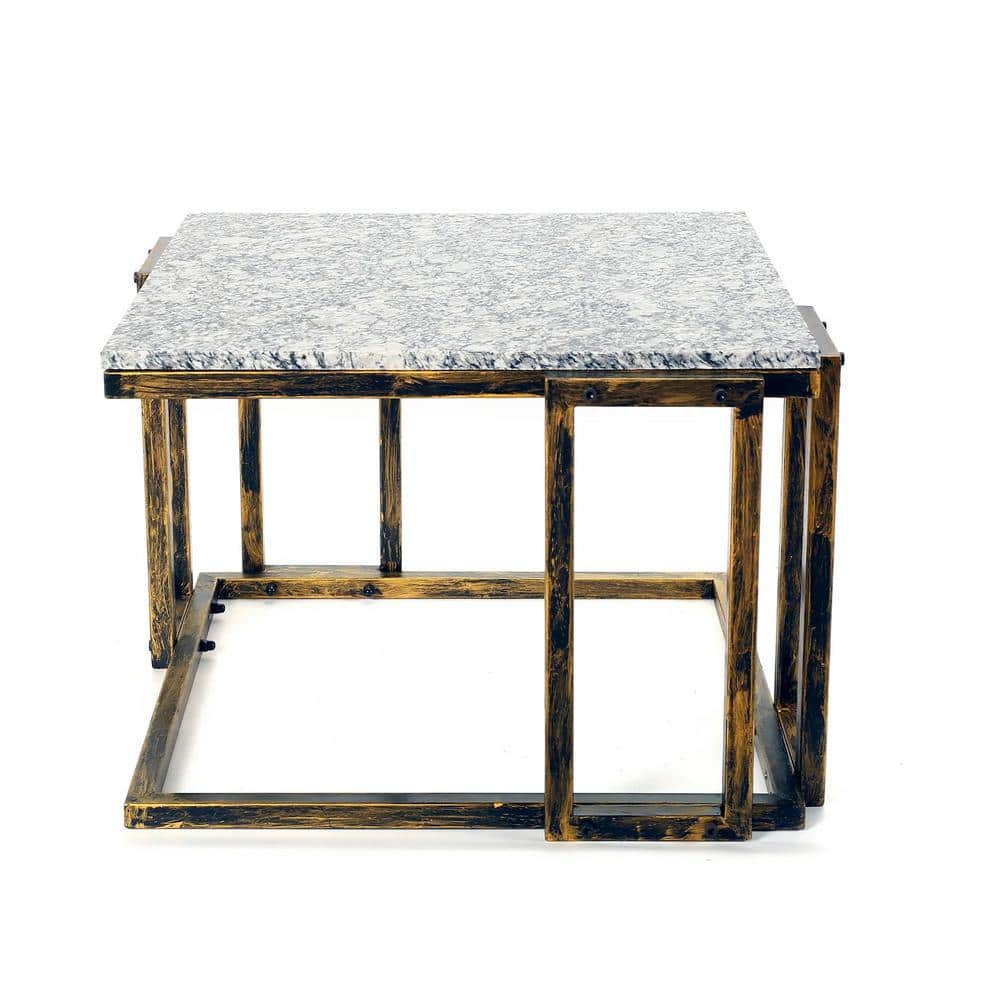 14.5" Granite Marble Black and Gold Metal Plant Stand