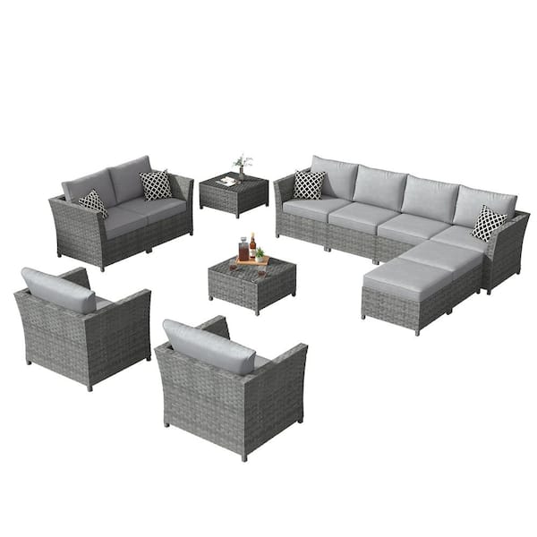 Bexley Gray 12-Piece Wicker Outdoor Sectional Set with Dark Gray Cushions and Coffee Table-No Assembly Required
