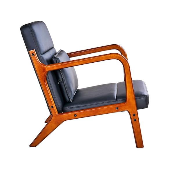 Mid-Century Modern Accent Chair, Solid Wood Frame, Black Upholstery, Comfortable Lounge Chair with 1 Pillow Set of 1