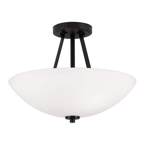 Stewart 15.5 in. W x 12 in. H 2-Light Semi-Flush Mount in Matte Black with Soft White Glass Shade