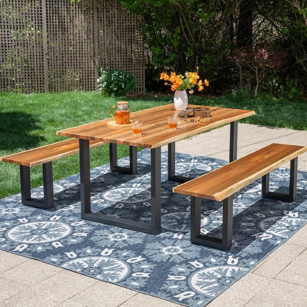 PHI VILLA Brown 3-Piece Outdoor Dining Set with Acacia Wood Table and Acacia wooden Bench