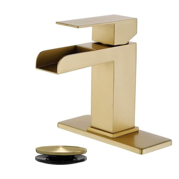 PERLIRIA INC Single Handle Bathroom Faucet with Deck Plate, Waterfall Single Hole Bathroom Faucet with Drain in Brushed Gold
