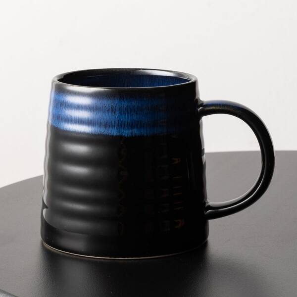 Wudkey 16 oz. Black and Blue Creamic Tea Cups with Handle, Handmade Wide Bottom Pottery Mug, Dishwasher and Microwave Safe