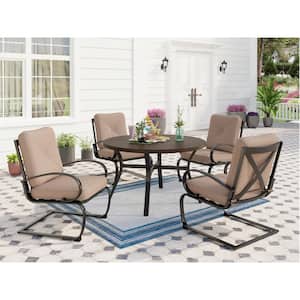 5-Piece Metal Patio Outdoor Dining Set with Wood-look Pattern Round Table and C-Spring Chair with Beige Cushions