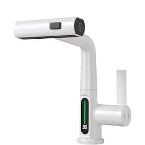 Pull-Out Lift LED Temperature Digital Display Single Handle Single Hole Bathroom Faucet with Adjustable Height in White