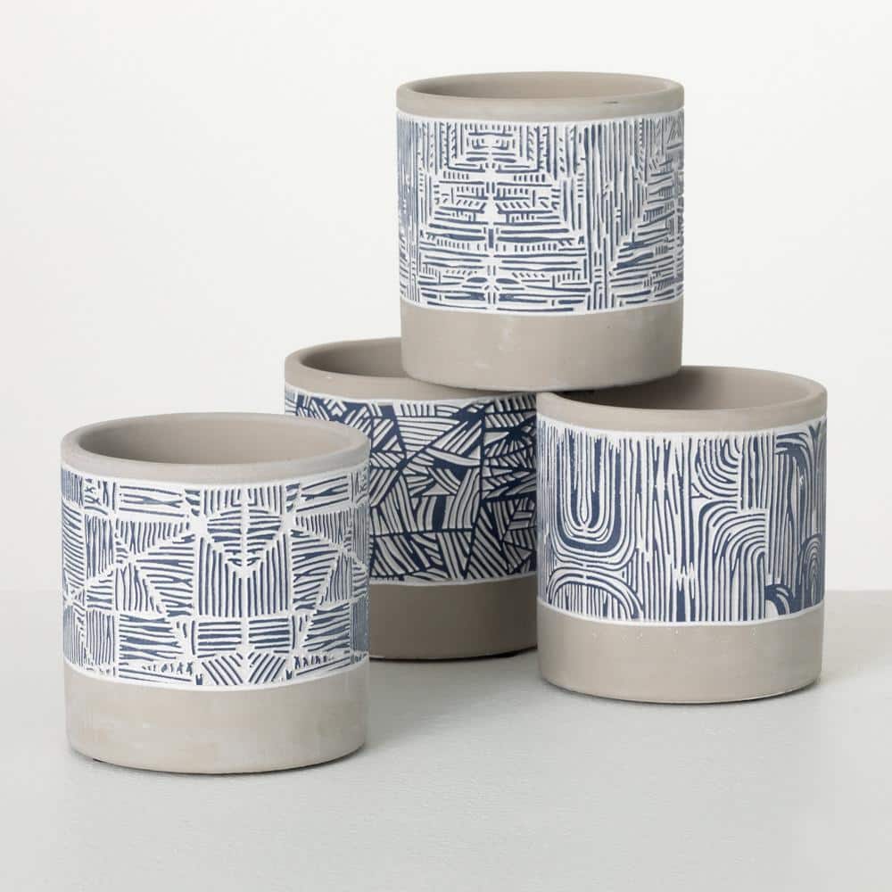 10.5" Gray and Blue Abstract Cement Planter Set