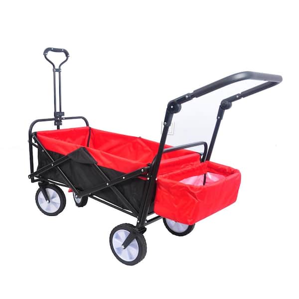 Zeus & Ruta 3 cu. ft. Black and Red Fabric Outdoor Utility Folding Wagon Garden Cart Hand Cart with Drink Holder, Adjustable Handles