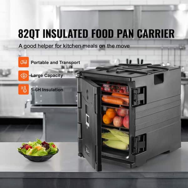 82 qt. Insulated Food Pan Carrier, LLDPE Double Buckle Hot Box, Front Loading Food Warmer with Handles, Stackable, Black