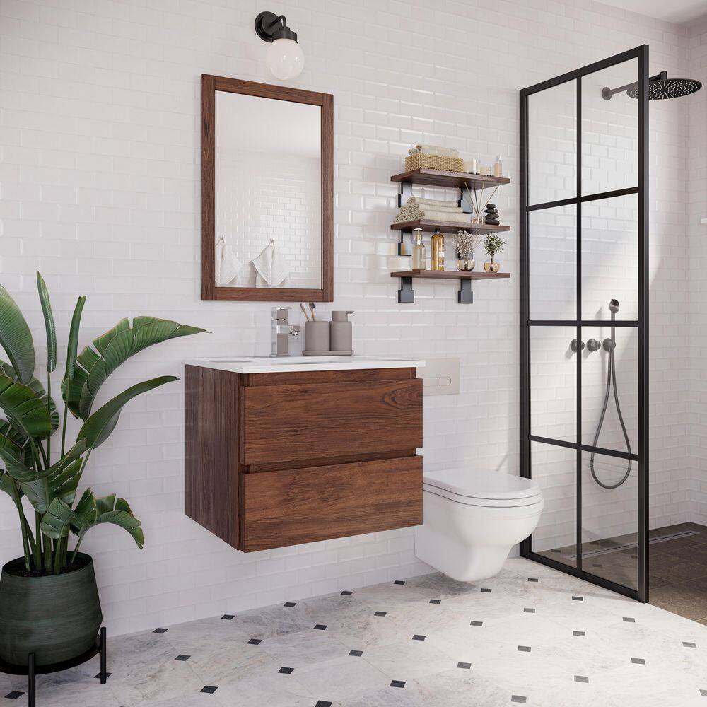 Formosa Warm Walnut Wall Mount Single Sink Vanity with Quartz Top
