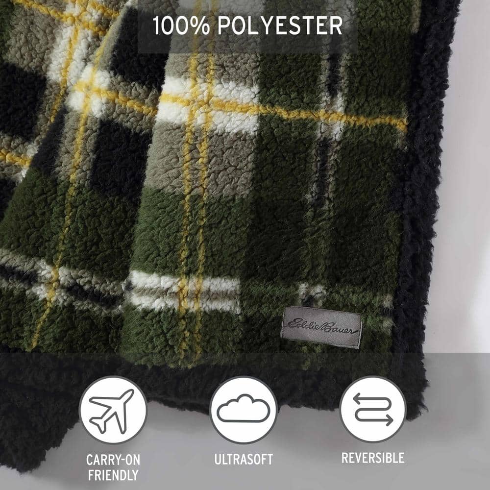 Trailhead Plaid Green Sherpa Fleece Reversible Throw Blanket