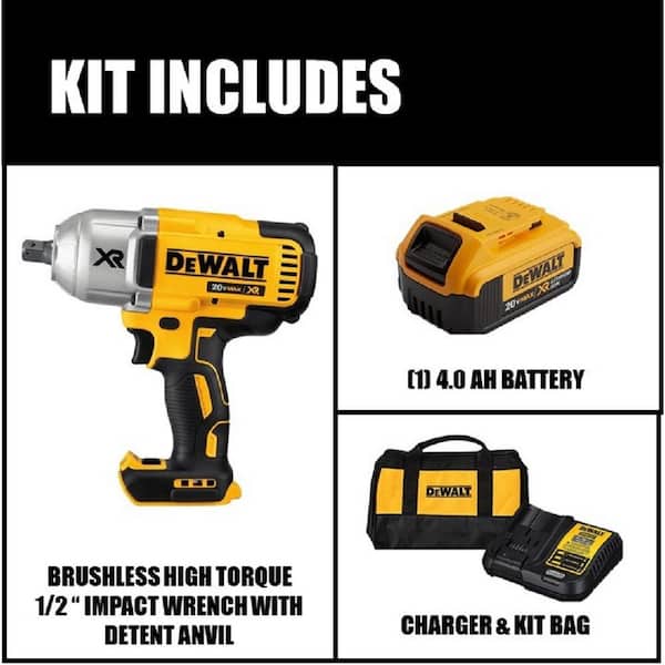 20V MAX XR Cordless Brushless 1/2 in. High Torque Impact Wrench with Detent Pin Anvil and (1) 20V 4.0Ah Battery