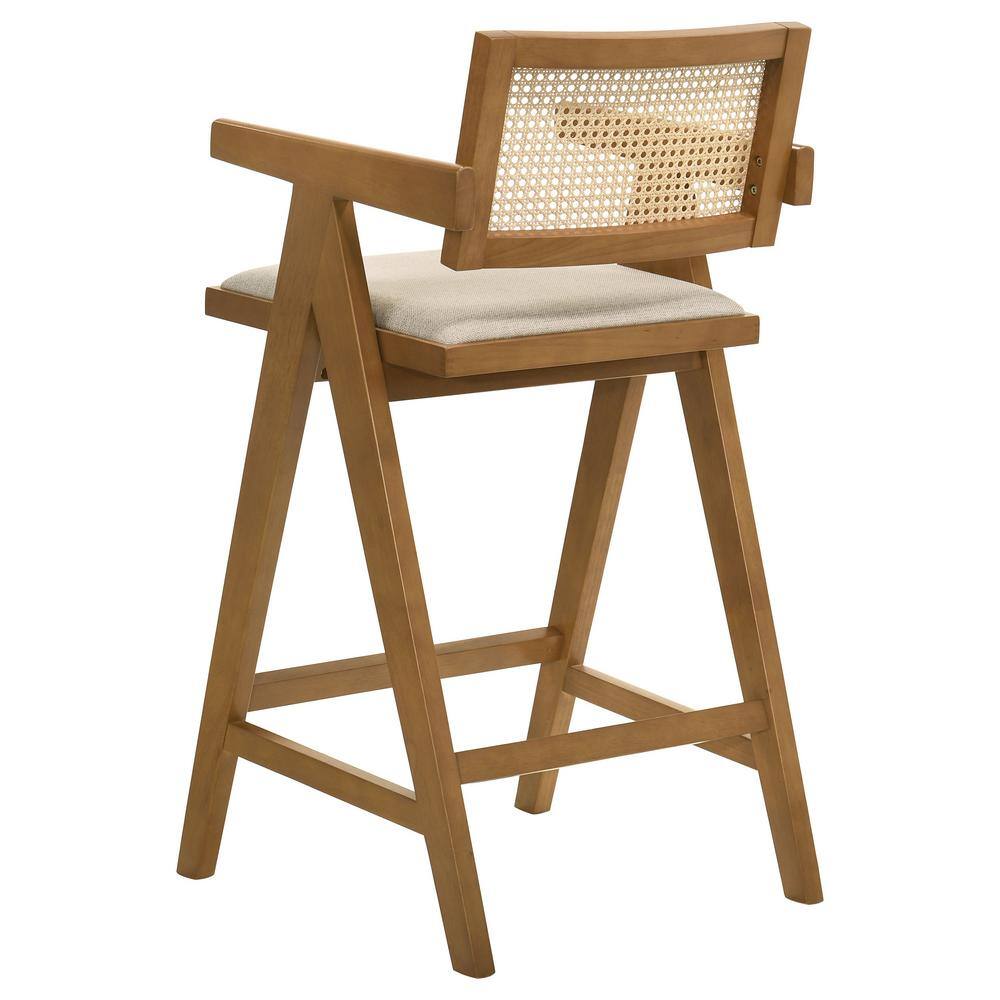 Light Walnut Mid-Century Modern Rattan Bar Stool with Upholstered Seat