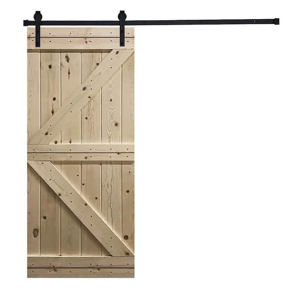 AIOPOP HOME K-Bar Serie 38 in. x 84 in. Mother Nature Knotty Pine Wood DIY Sliding Barn Door with Hardware Kit