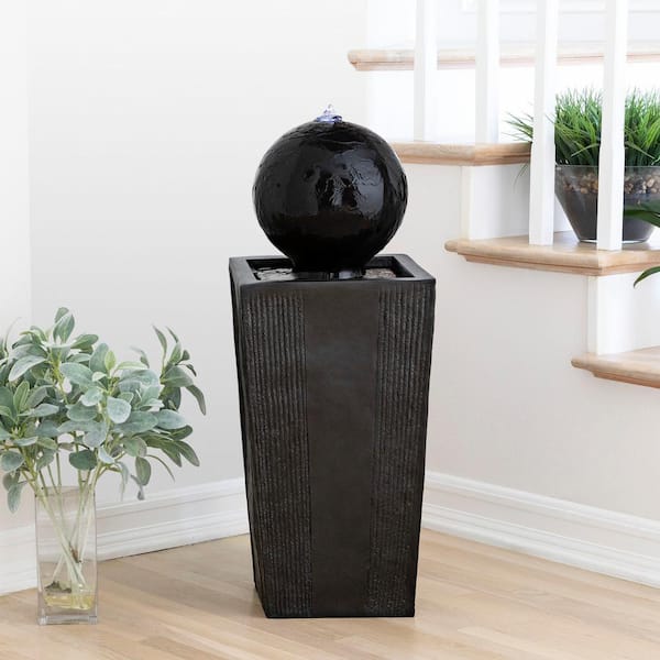 33 in. Tall Outdoor Modern Sphere and Pedestal Fountain with LED Light, Black