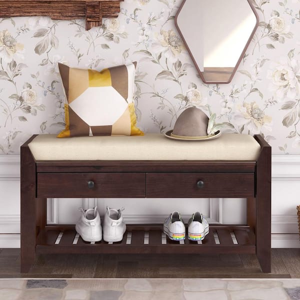 Espresso Cushioned Entryway Bedroom Bench with Drawers (39.00 in. W x 14 in. D x 19.8 in. H)