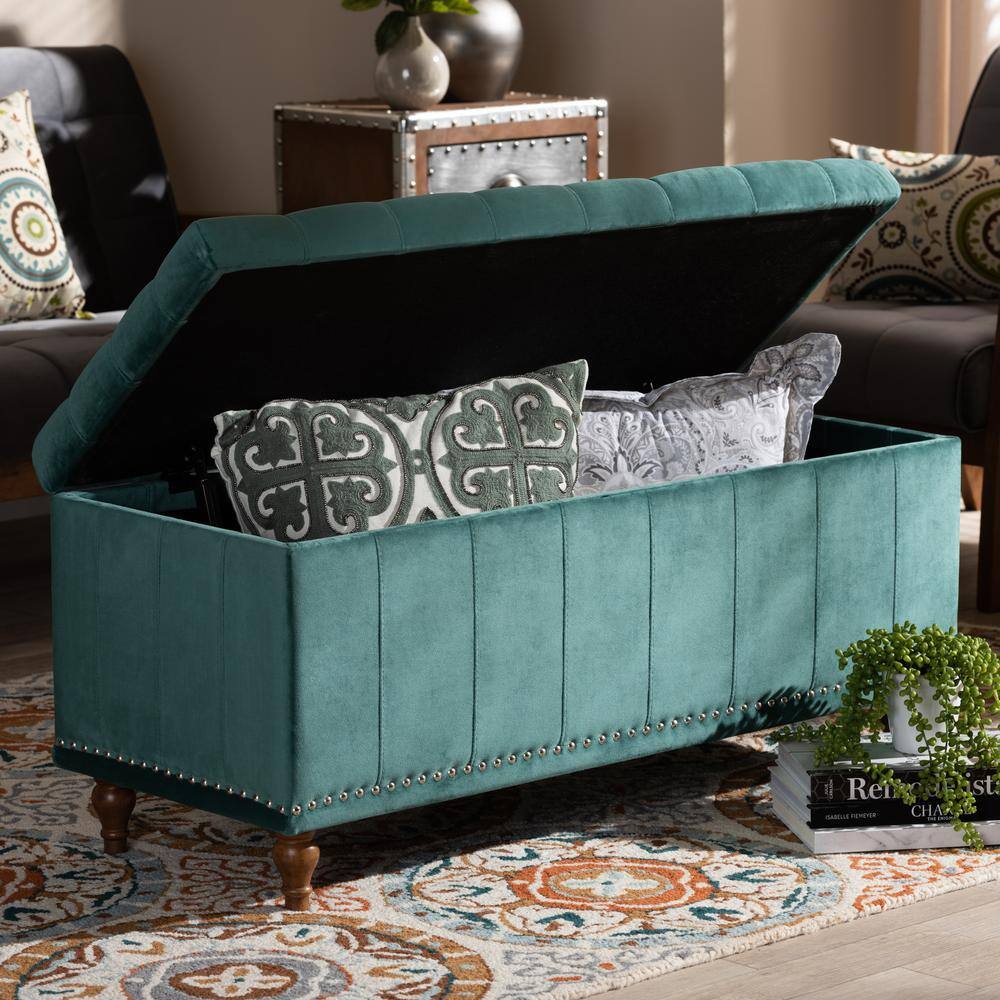 Kaylee Teal Blue Velvet 42'' Tufted Storage Ottoman Bench