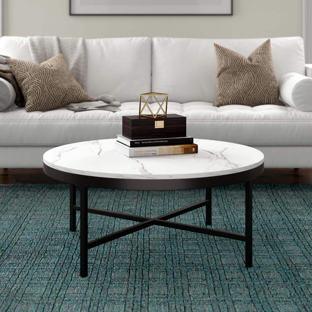 Elegant 36" Round Faux Marble Coffee Table with Bronze Finish
