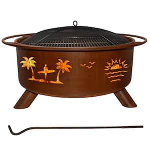Pacific Coast 29 in. x 18 in. Round Steel Wood Burning Fire Pit in Rust with Grill Poker Spark Screen and Cover