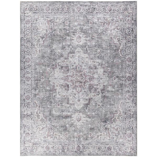 Unbranded Machine Washable Series 1 Ivory Grey 9 ft. x 12 ft. Distressed Traditional Area Rug