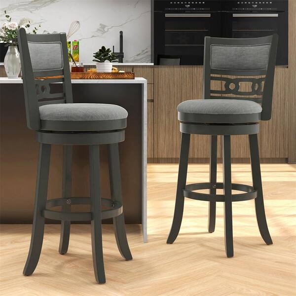 Costway 30.5 in. Grey Low Back Wood Bar Stool with Linen Fabric Seat (Set of 2)
