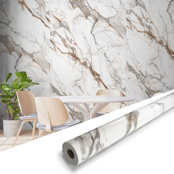 0.08 in. x 4 ft. x 10 ft. Calacatta Gold Square Edge Vinyl Glossy Peel and Stick Decorative Wall Paneling Roll (1-Pack)