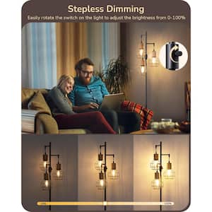 65 in. Black Industrial 3-Light Standard Smart Dimmable Floor Lamp for Living Room with 3 LED Edison Bulbs