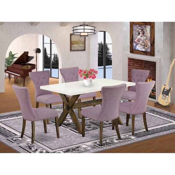 East West Furniture 7-Piece Rectangle Distressed Jacobean Finish Solid Wood Top Dining Table with 6-Chairs with Lattice Back