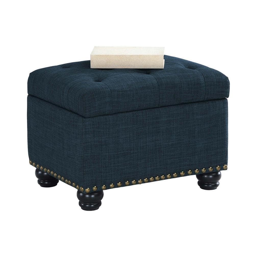Elegant Dark Blue Tufted Storage Ottoman with Antique Nailhead Trim