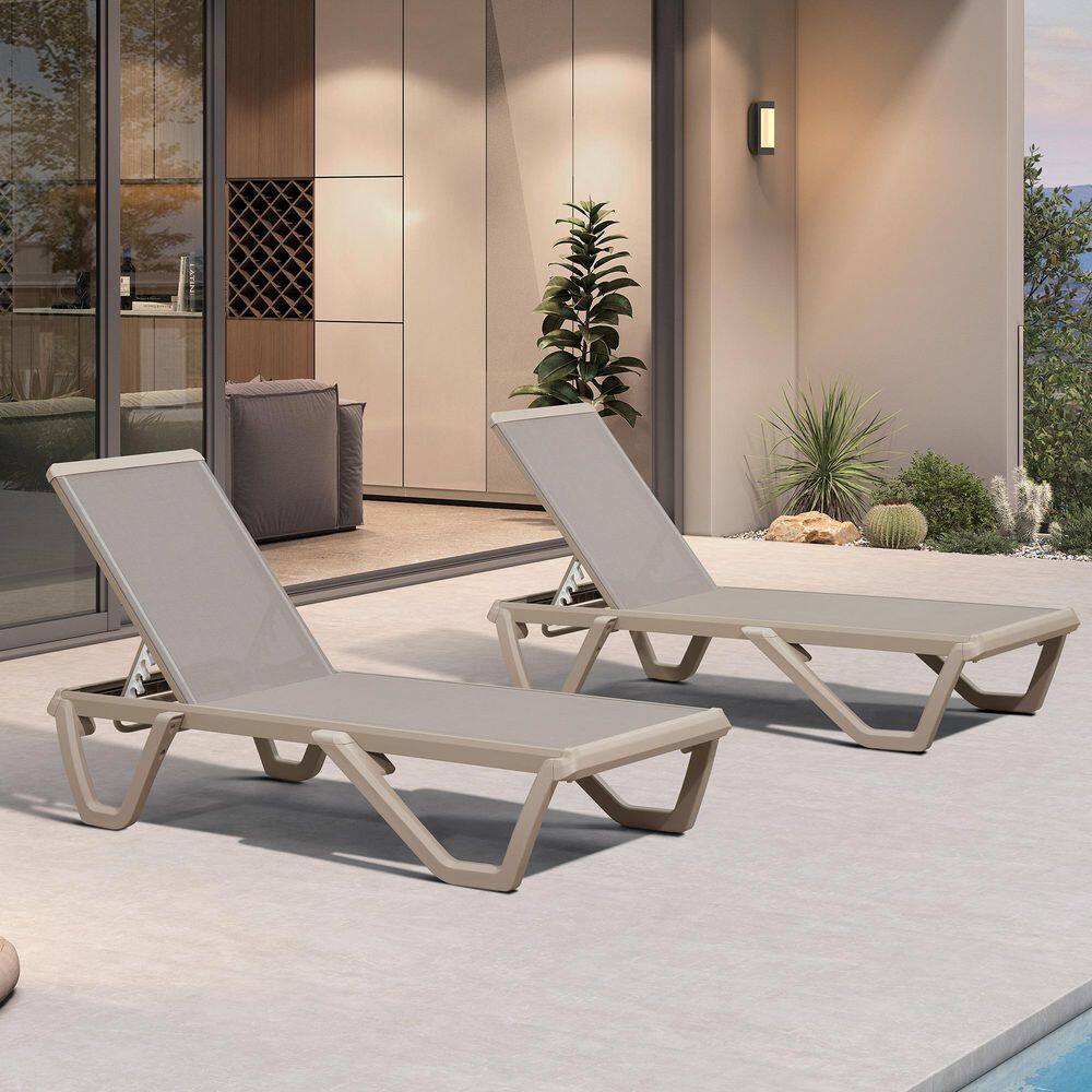 Outdoor Chaise Lounge Plastic Pool with Aluminum Frame Stackable Chairs for Poolside Beach Deck, Taupe (2 Pack) price history on PriceWatchPro