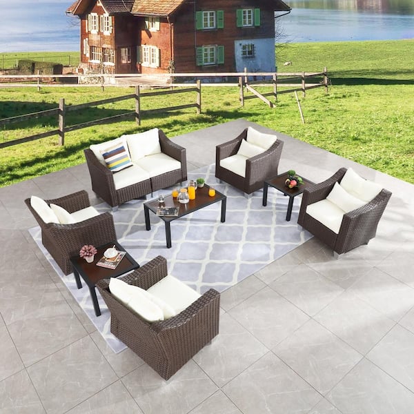 Patio Festival 9-Piece Wicker Patio Conversation Set with Beige Cushions